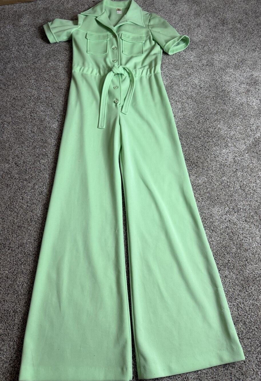 VTG 60s 70s Jumpsuit Hippie Button Front Wide Leg Lime Green Disco RARE Sz 10